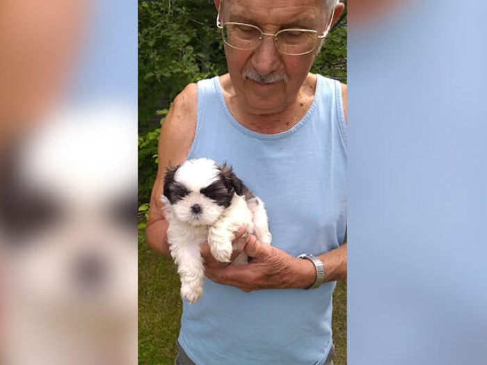 Man holding a dog outside