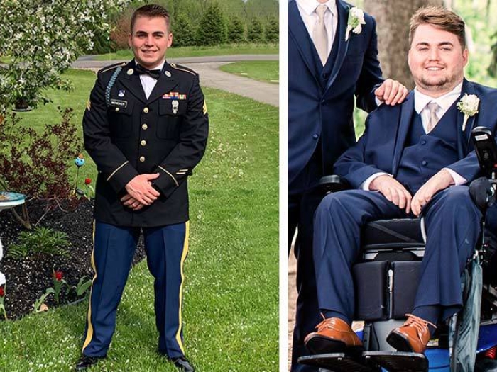marine standing on one side and other photo in wheelchair dressed 