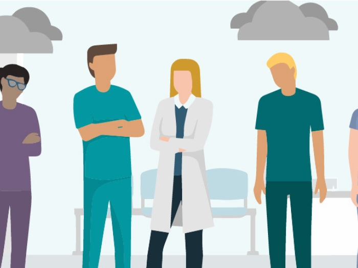 Residents standing near one another with clouds over some