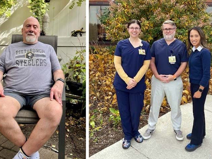 Patient sitting outside in chair. Staff standing on sidewalk smiling.