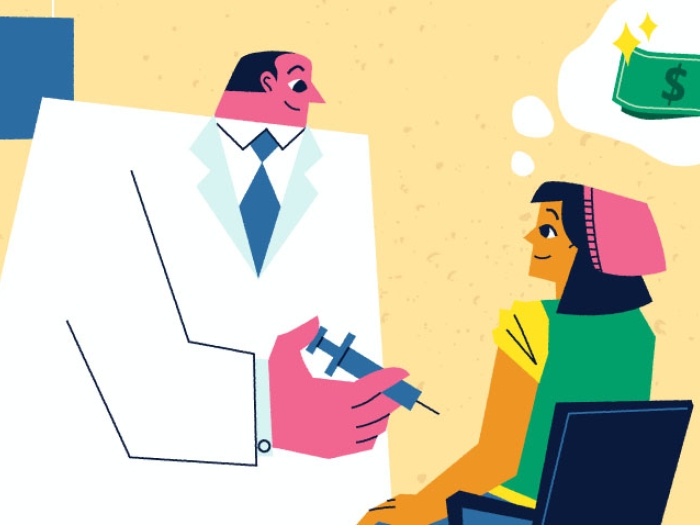 Parmacist giving vaccine to girl money image floating above.