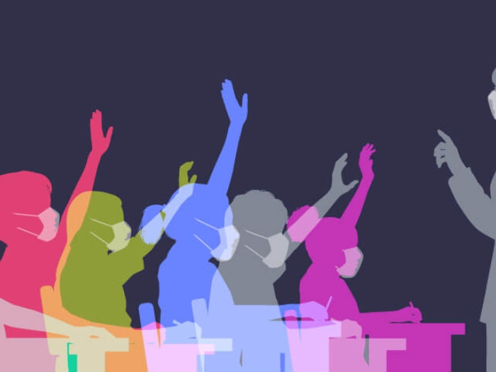 Rainbow of images of children and teacher wearing masks in classroom