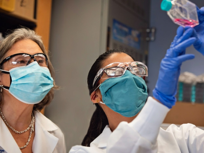 scientists in goggles gloves looking at specimen in lab 