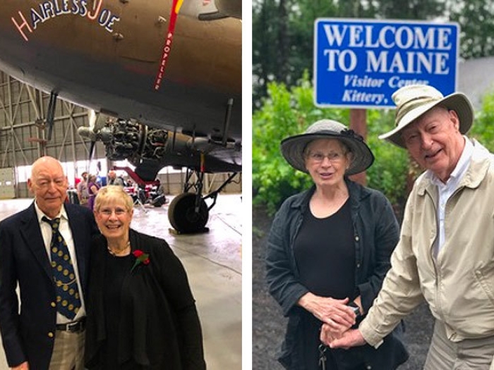 senior couple smiling outside standing together in two side by side photos