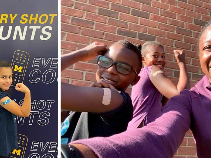 Smiling Children with Arms up showing Bandages from Vaccine