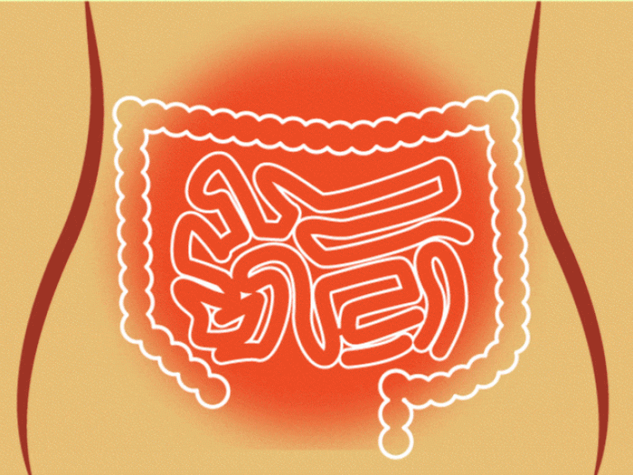 stomach pain woman red circle pulsing ontop of intestines