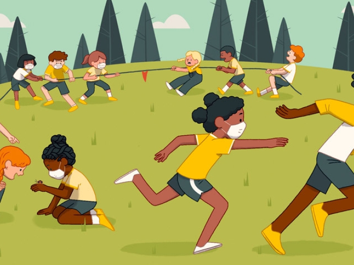 summer cam kids running outside some with masks on