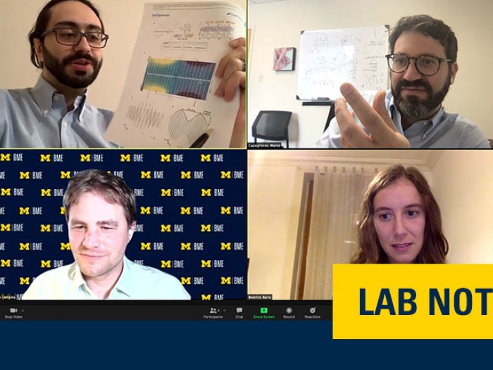 visual of four experts talking on a screen with the branding "lab note" on bottom right to indicate the section this story lives in on the blog