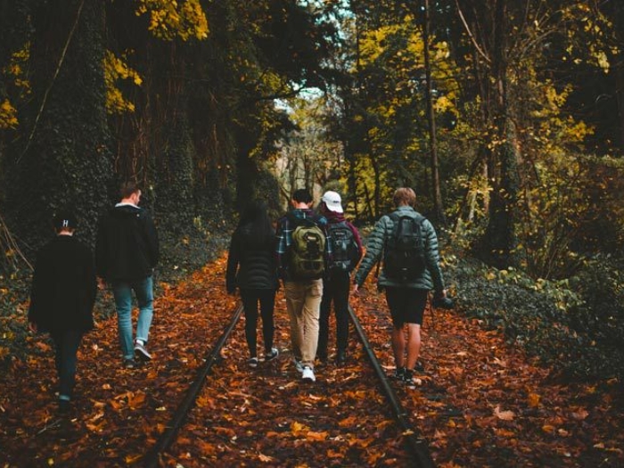 teenagers walking forest train tracks
