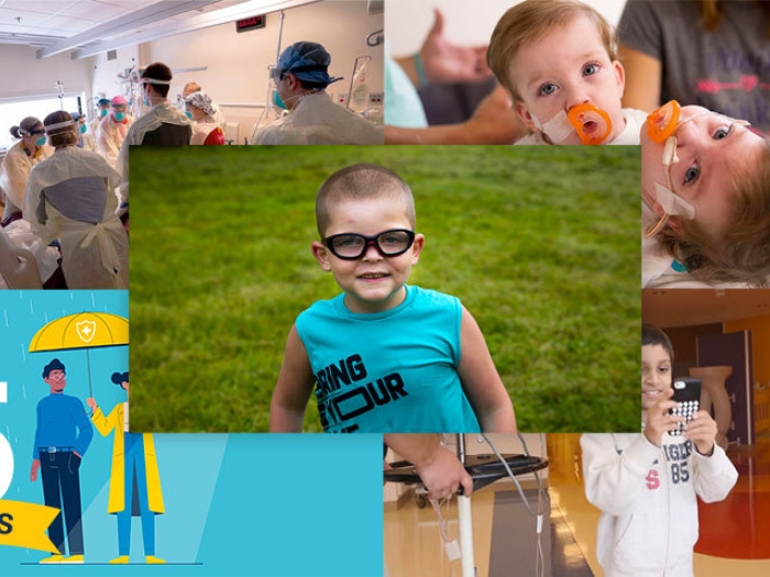 collage of top pictures of a little bou with glasses, twi girls, a person standing an umbrella, kids playing a game and staff all together in hospital room with patient during COVID