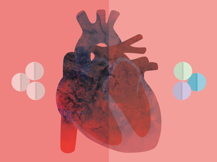 Graphic of a heart being treated with rivaroxaban and clopidogrel