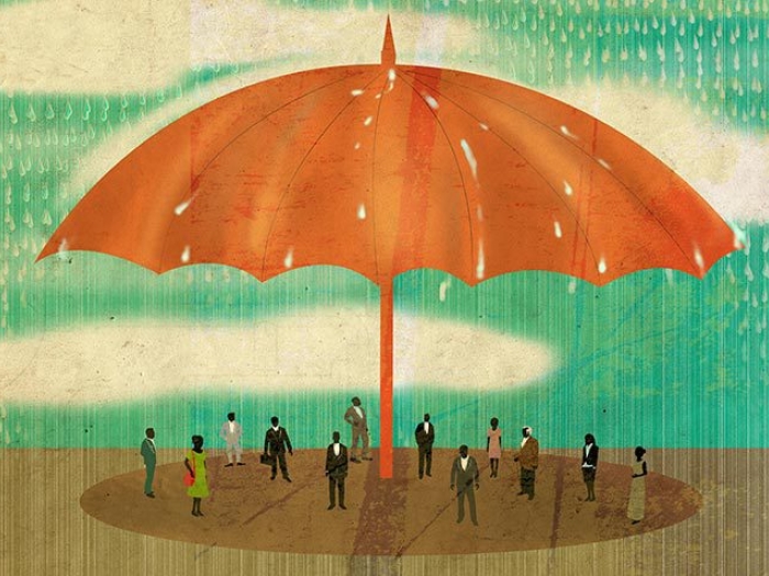 orange umbrella over small people figures on ground with rain clouds above