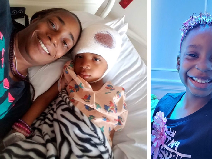 Woman in hospital bed with baby in bandages. Girl smiling by water.