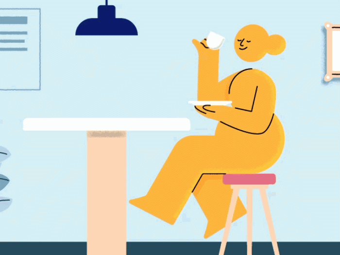 moving graphic of yellow drawing of woman sipping coffee at a table and her liver is happy