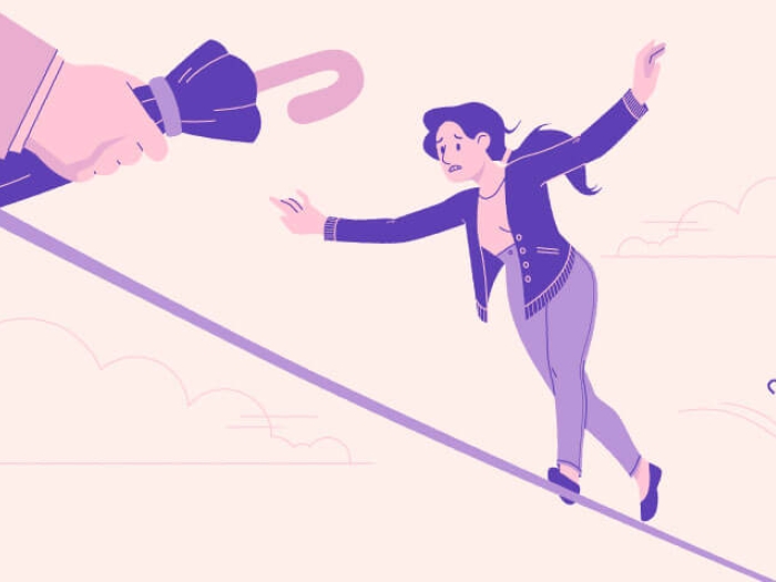 Woman walking on purple tightrope hand holding umbrella purple pink and off white color