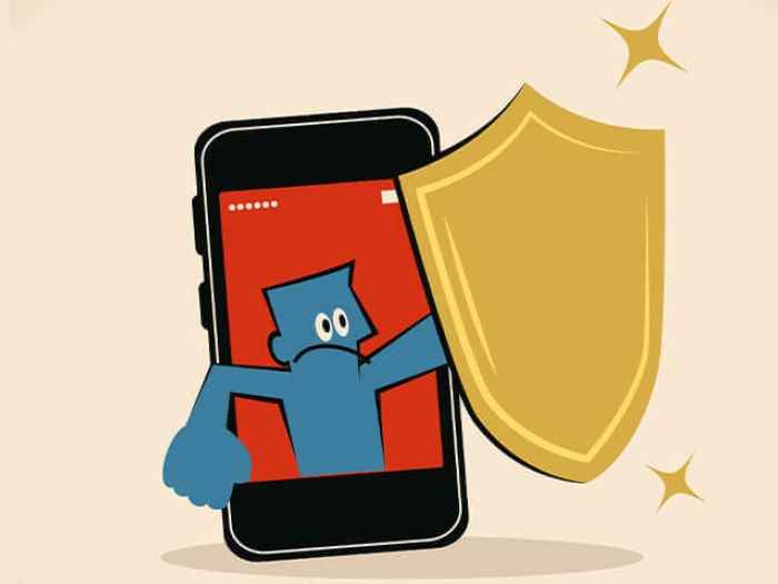 Blue animated guy on cellphone with shield protecting oneself.