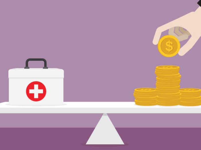 purple background medical bag on left and yellow blocks on right with hand reaching down