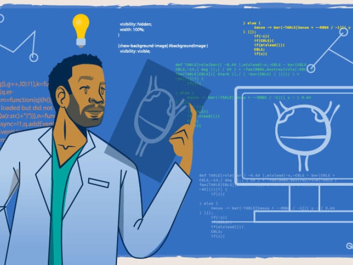 Doctor looking at x-ray in white lab coat, blue in background