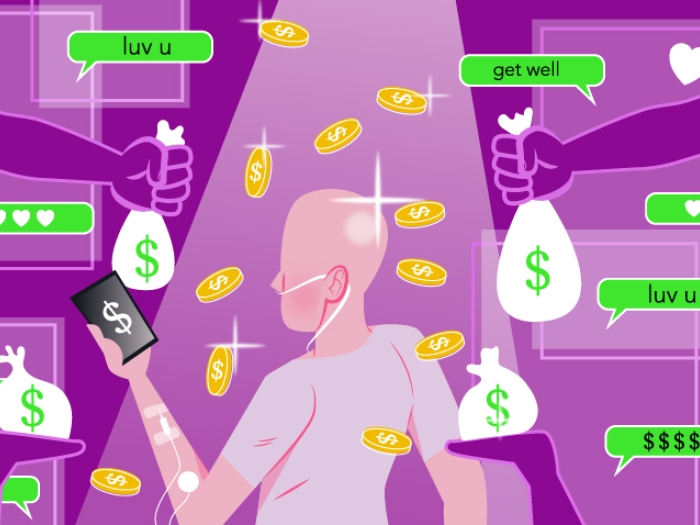 Person standing with bag of coins floating, purple background