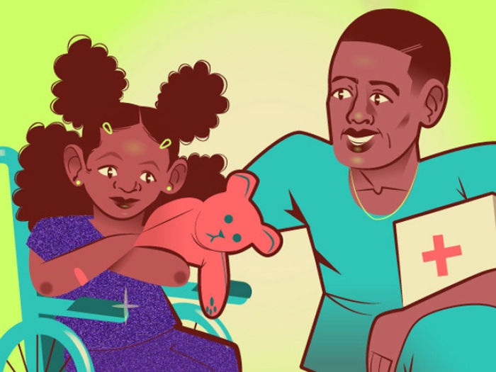 child in wheelchair with parent kneeling with green background