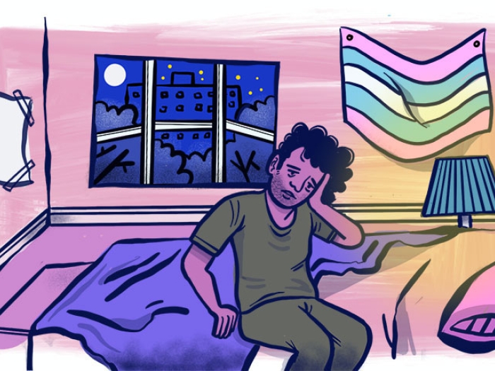 Tired person sitting on bed tilting and holding head, droopy eyes