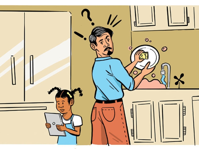 Child on device with parent in kitchen