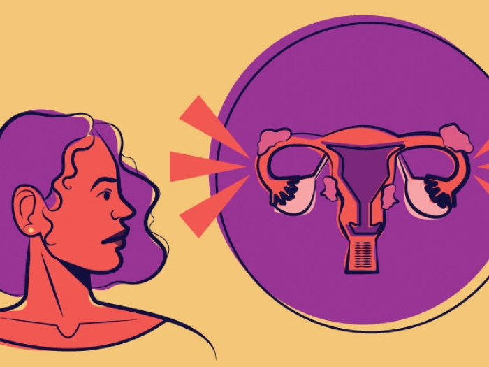 Women with purple hair looking at image of uterus