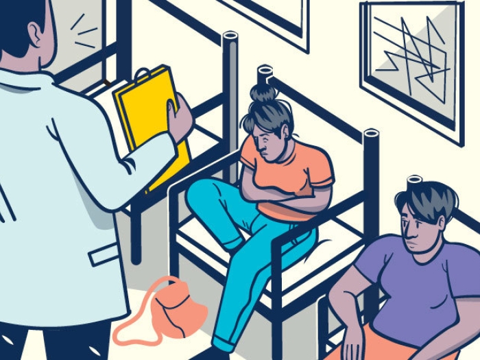 graphic of woman sitting in waiting room in extreme pain holding stomach next to another patient with doctor holding paper in front