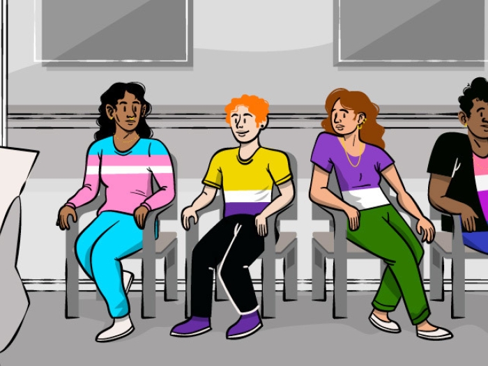 Four gender-diverse people sitting in chairs at doctor’s office in vibrant color against a background of grey, each wearing the colors of a gender identity pride flag. From left to right, the gender identity flags represented are; transgender, nonbinary, genderqueer and gender fluid.