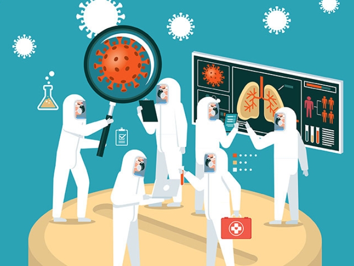 cartoon drawing of experts in white ppe with teal background and screens up talking about COVID