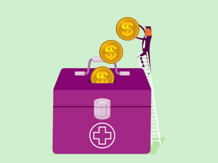 man on ladder placing coins in a bin