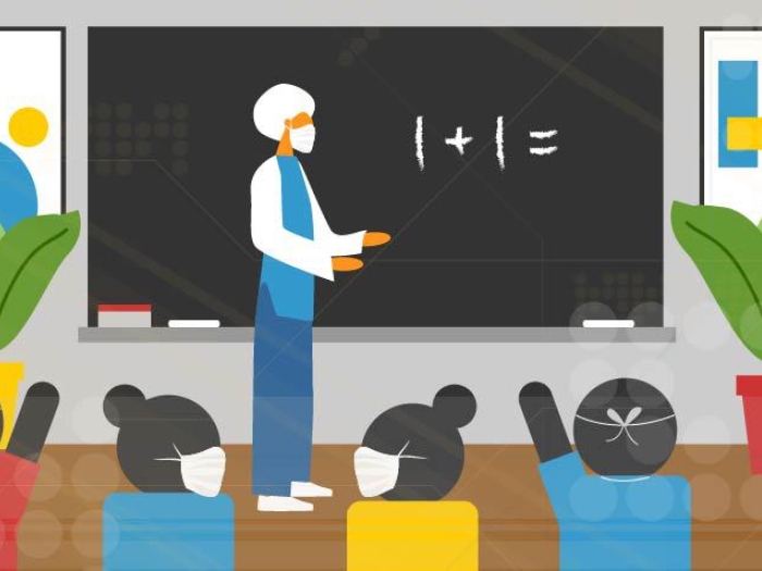 teacher in front of black board teaching kids who are raising hands