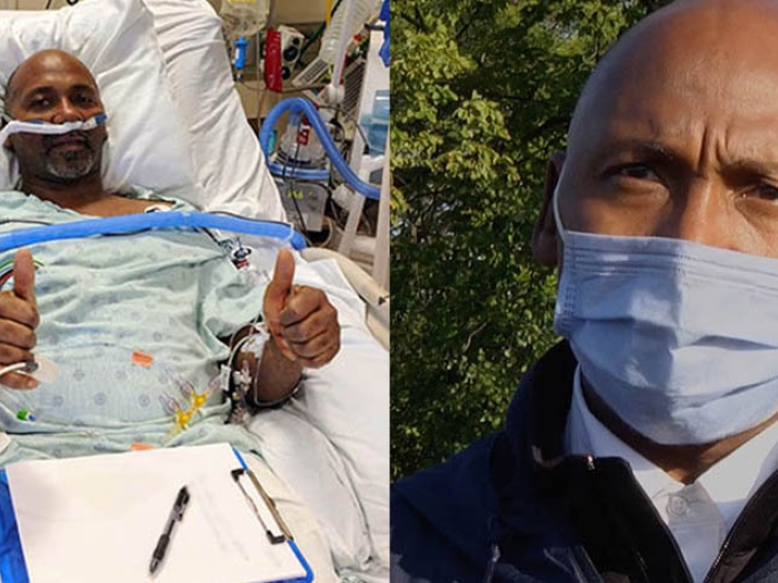 man in hospital bed on left and the same man recovered on right talking with mask on