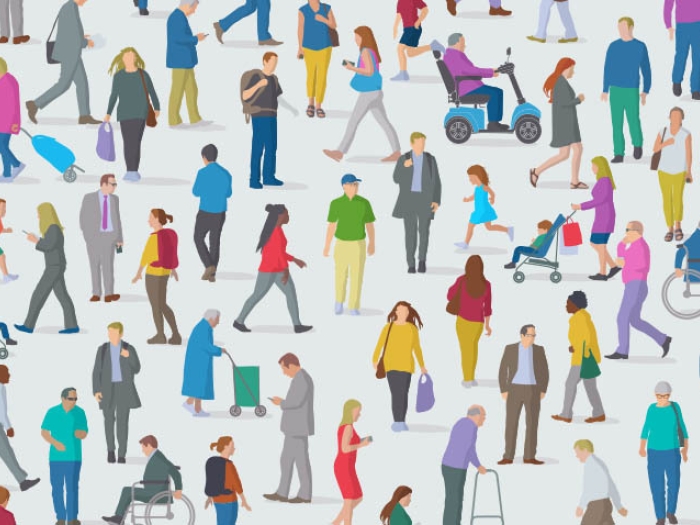 a drawing of people walking around in different colored clothes