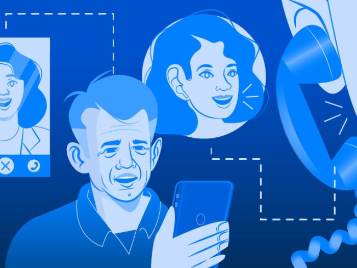 people talking on phone and facetime in blue