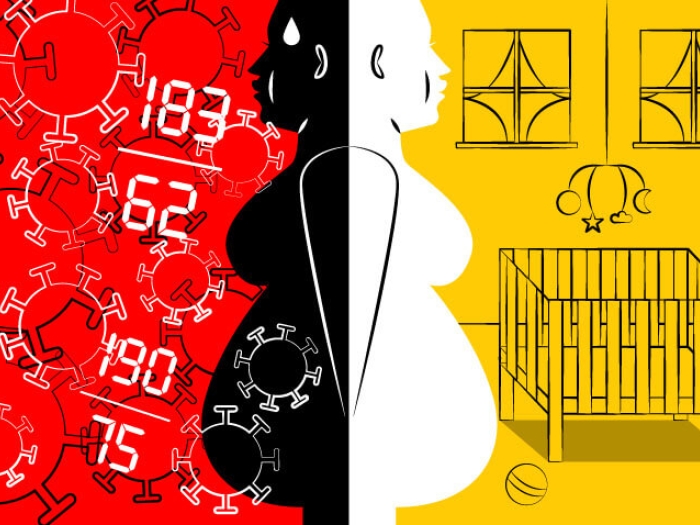 Red covid cells outline of pregnant woman on yellow background baby room