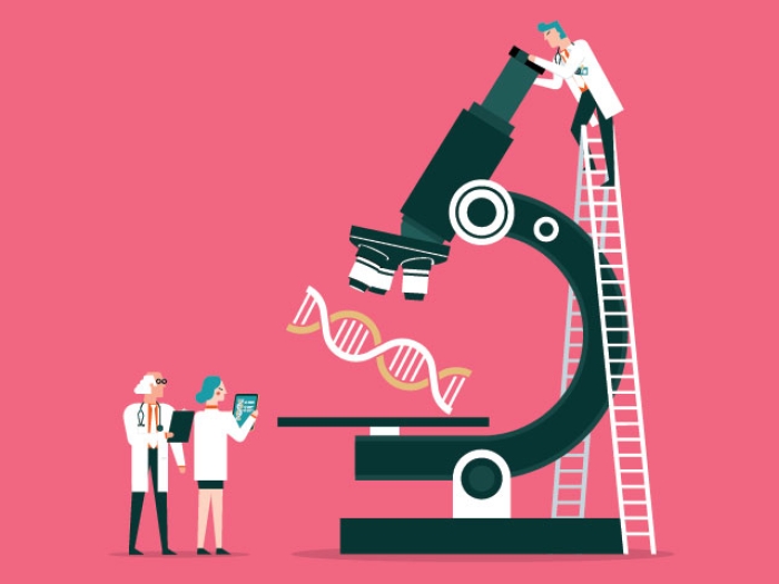 Graphic with a large microscope and two small scientists standing in front with a third on a ladder looking through the eyepiece.