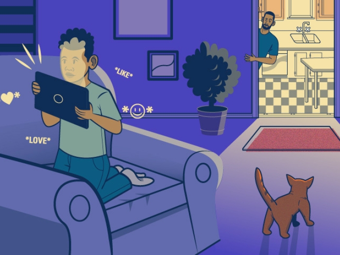 kids on app in dark with parent peeking in