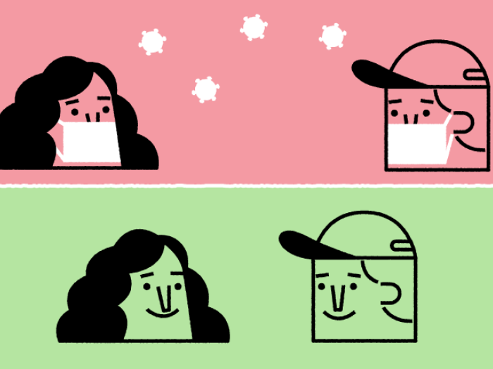 pink and green background with black sketched talking heads with masks on and covid white particles flying around