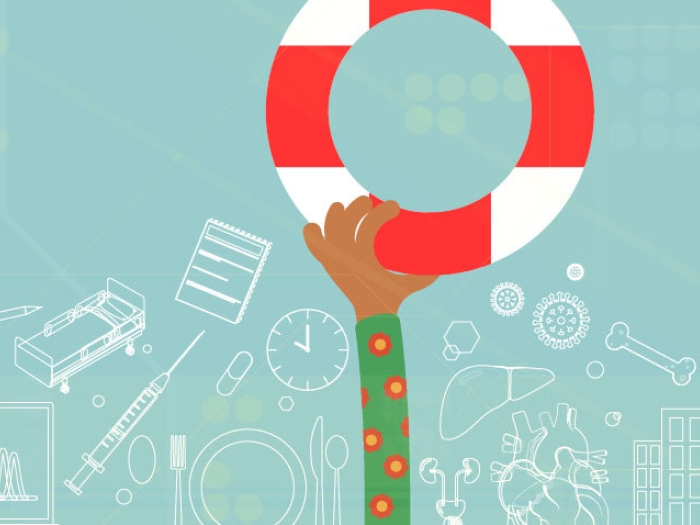 teal background with medical equipment floating around in white with arm reaching out with green sleeve and floatation device that's red and white.