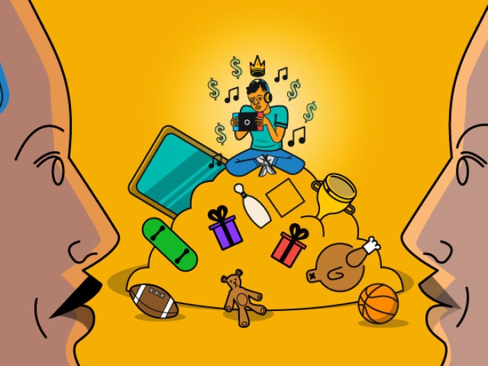 two adult heads on right and left close up looking worried with sweat dripping off left person's head while child sits on top of toy pile busy with electronics instead