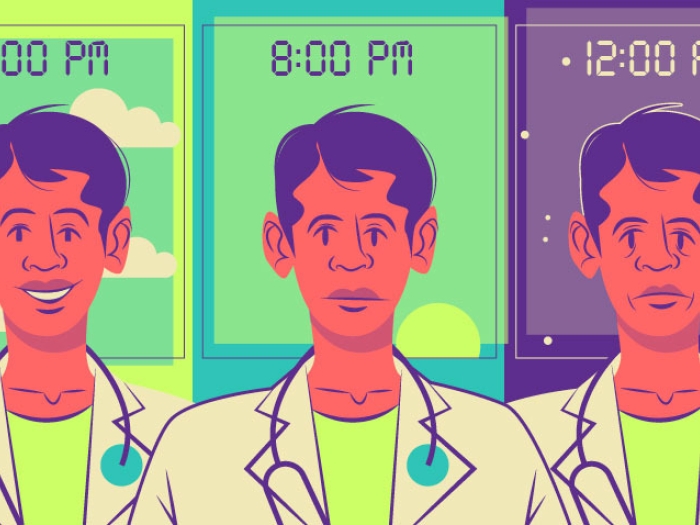 three doctor faces smiling not smiling through day to night green and purple