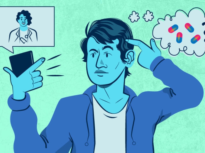 Man in blue blue background looking at doctor in phone. Pills floating and question mark