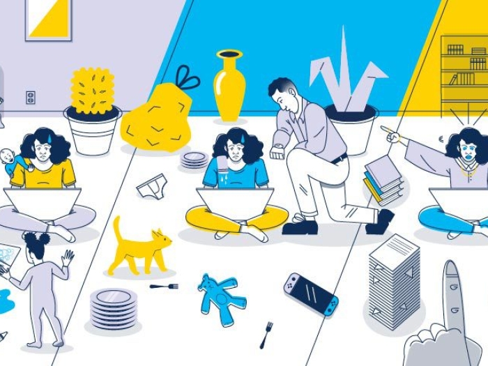 woman working from home in three different scenes being stressed out in colors blue grey and yellow