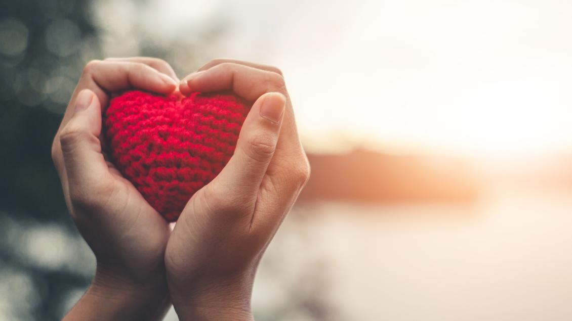 hands holding knitted red heart